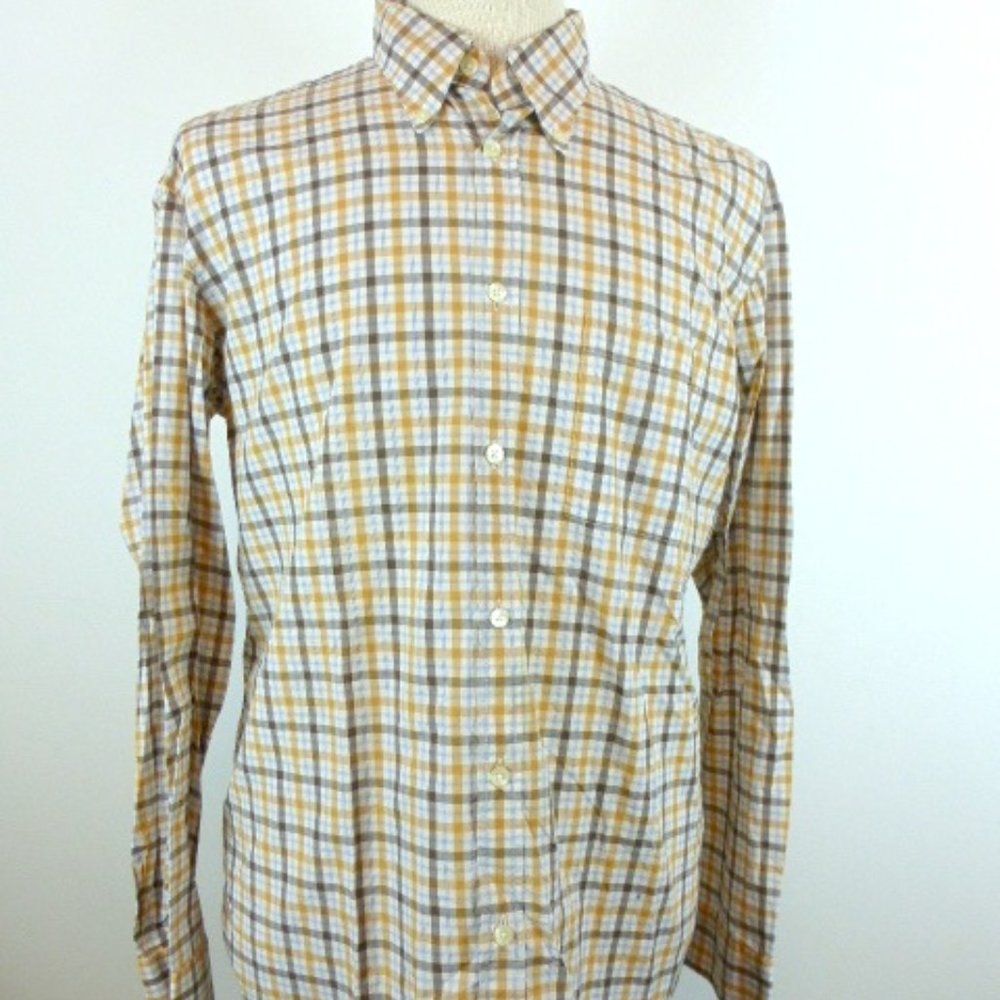 HUGO BOSS gold BROWN PLAID SHIRT L button down collar
